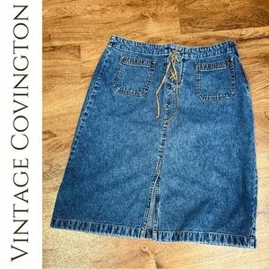 Vintage Y2K Covington Denim Leather Lace Up Knee Length Front Slit Skirt -14-